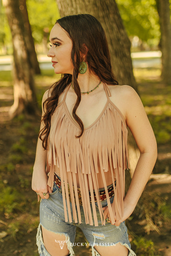 Camel Double Tier Fringe Halter Top