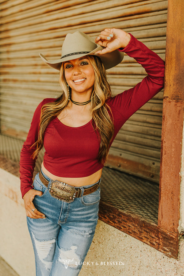 Burgundy Ribbed Scoop Neck Long Sleeve Crop Top