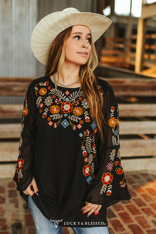 Black Bell Sleeve Floral Embroidered Blouse