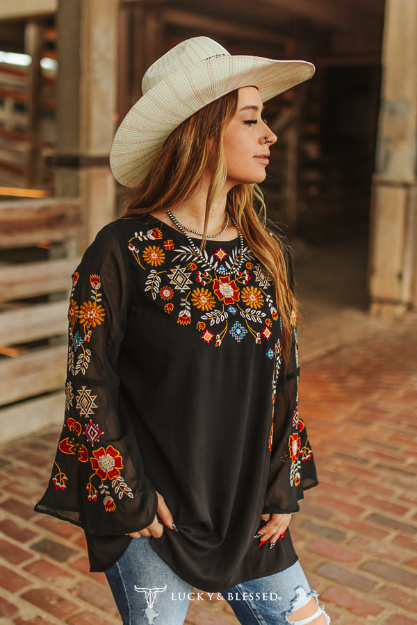 Black Bell Sleeve Floral Embroidered Blouse