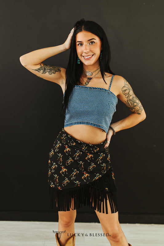 Dark Wash Denim Stretch Rhinestone Spaghetti Strap Crop Top