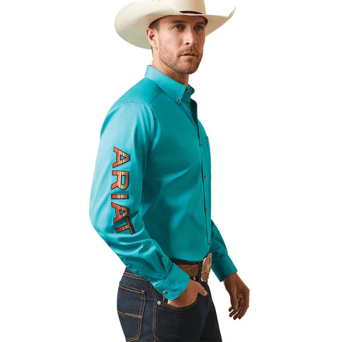 ARIAT TEAM LOGO TEAL TWILL FITTED LONG SLEEVE SHIRT