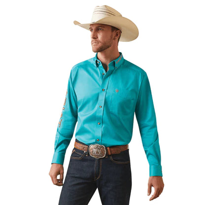 ARIAT TEAM LOGO TEAL TWILL FITTED LONG SLEEVE SHIRT