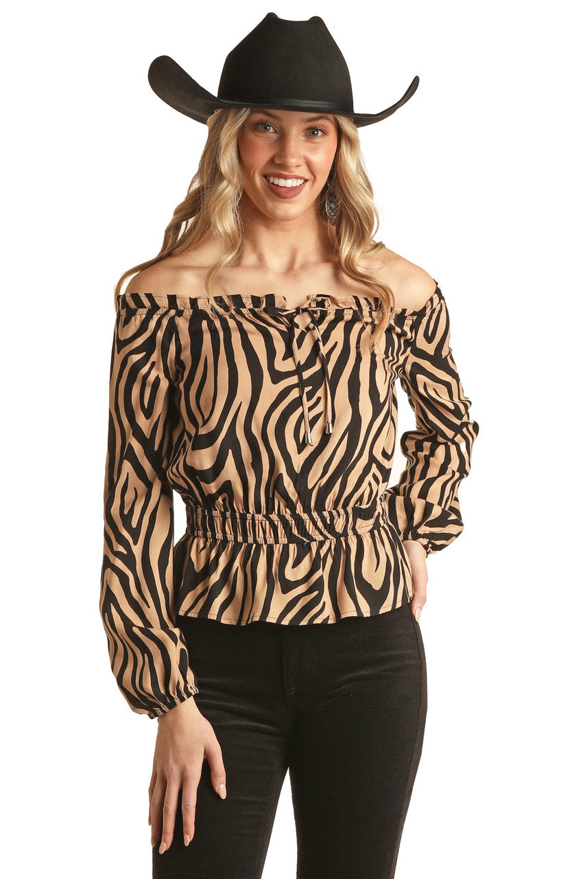 ROCK & ROLL ZEBRA PRINT OFF THE SHOULDER BLOUSE