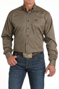 Cinch Brown/Navy Tencel Stripe Print Button-Down Western Shirt