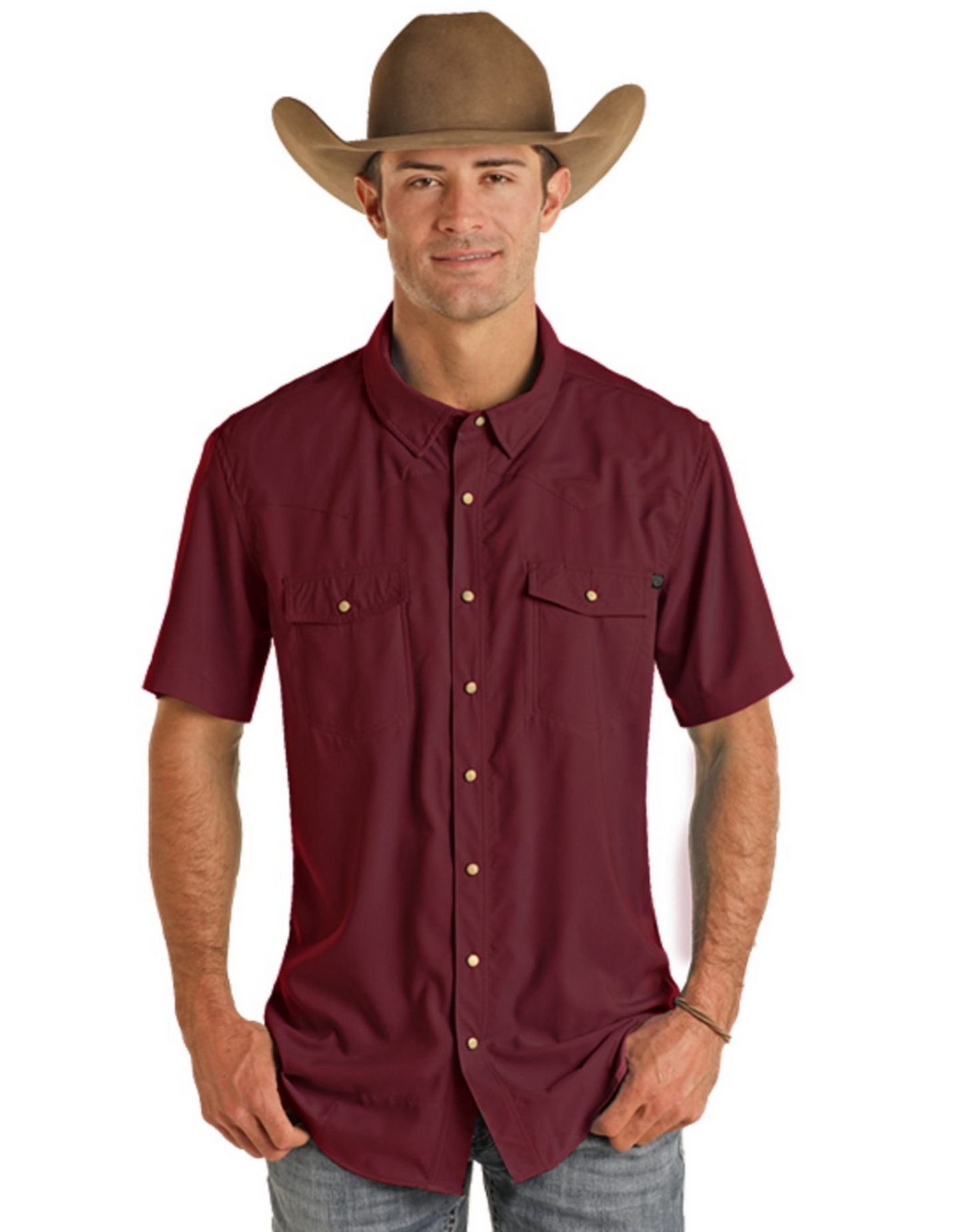 ROCK & ROLL TEK MAROON RIPSTOP SNAP SHORT SLEEVE SHIRT