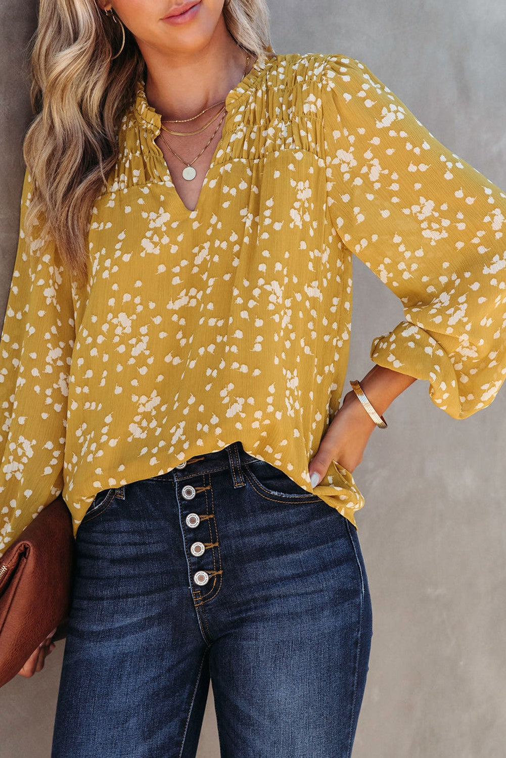 SPILT NECK FALL CRINKLE BLOUSE