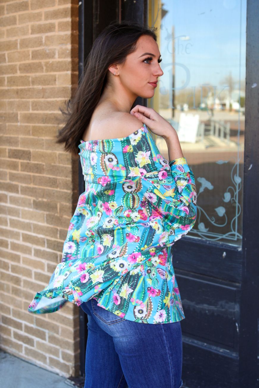 JADE FLORAL CACTUS DRAPED LOW SHOULDER TOP