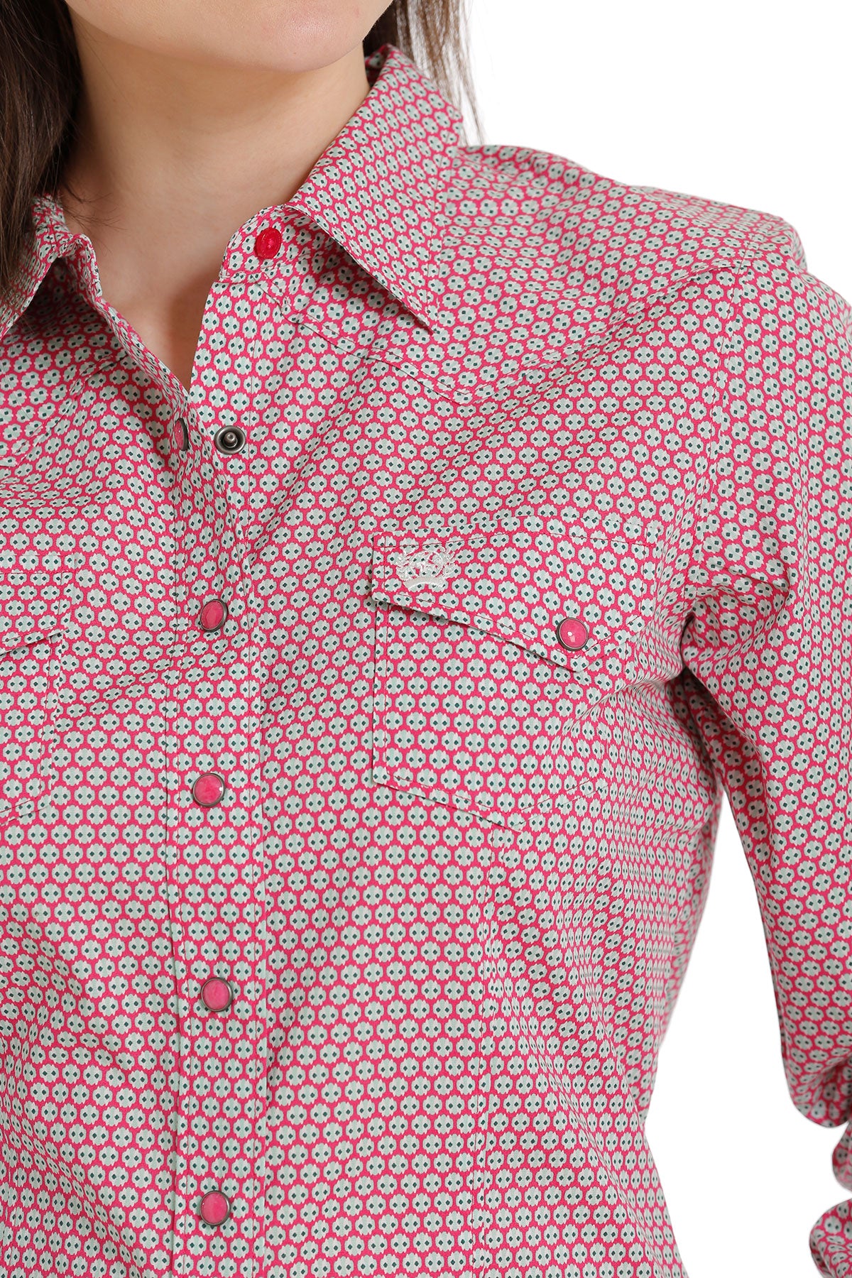 CINCH BUBBLE GUM PINK W/ MINT GEO PRINT LONG SLEEVE SHIRT