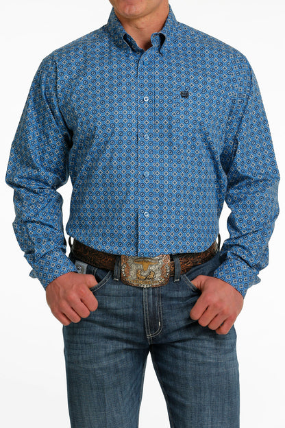 CINCH MEN'S LIGHT BLUE DIAMOND PRINT LONG SLEEVE SHIRT