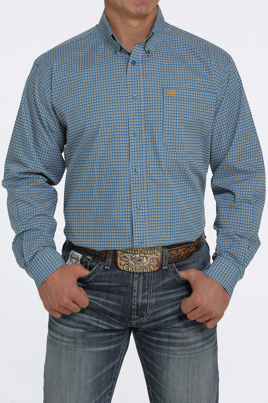 CINCH TEAL SQUARE PRINT LONG SLEEVE SHIRT